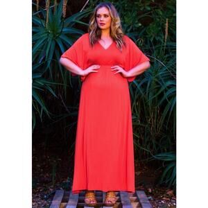 Loveappella Romantic Kimono Sleeve A-Line Maxi Dress M Red Flowy Elegant Stretch